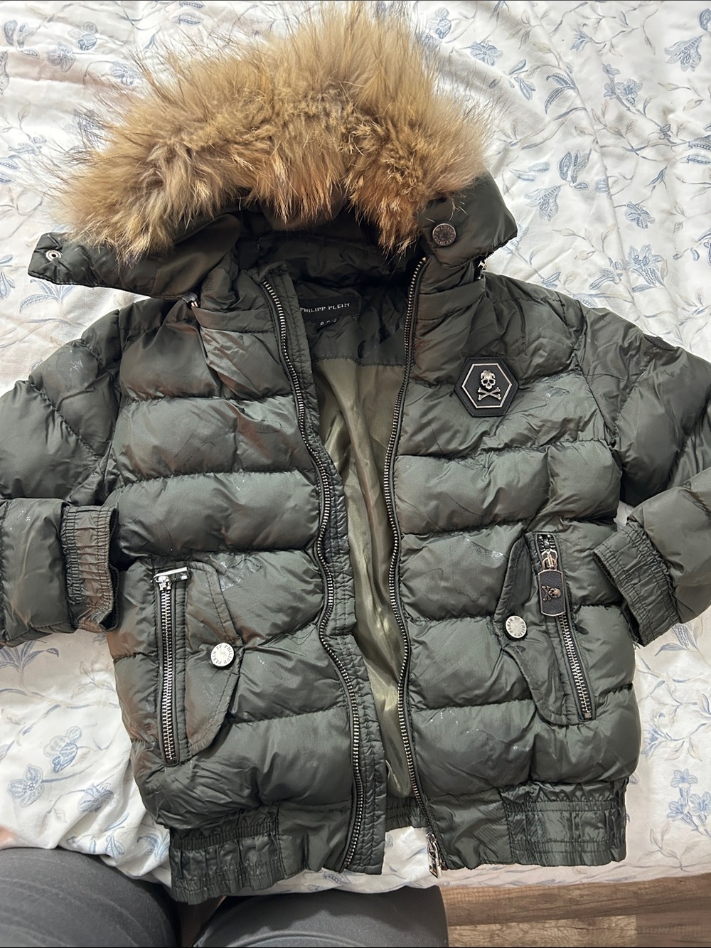 Philipp Plein Kids Olive Green Puffer Jacket with Faux Fur Hood